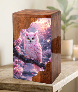 Pink Owl Wooden Cremation Urn – Cherry Blossom Memorial Urn
