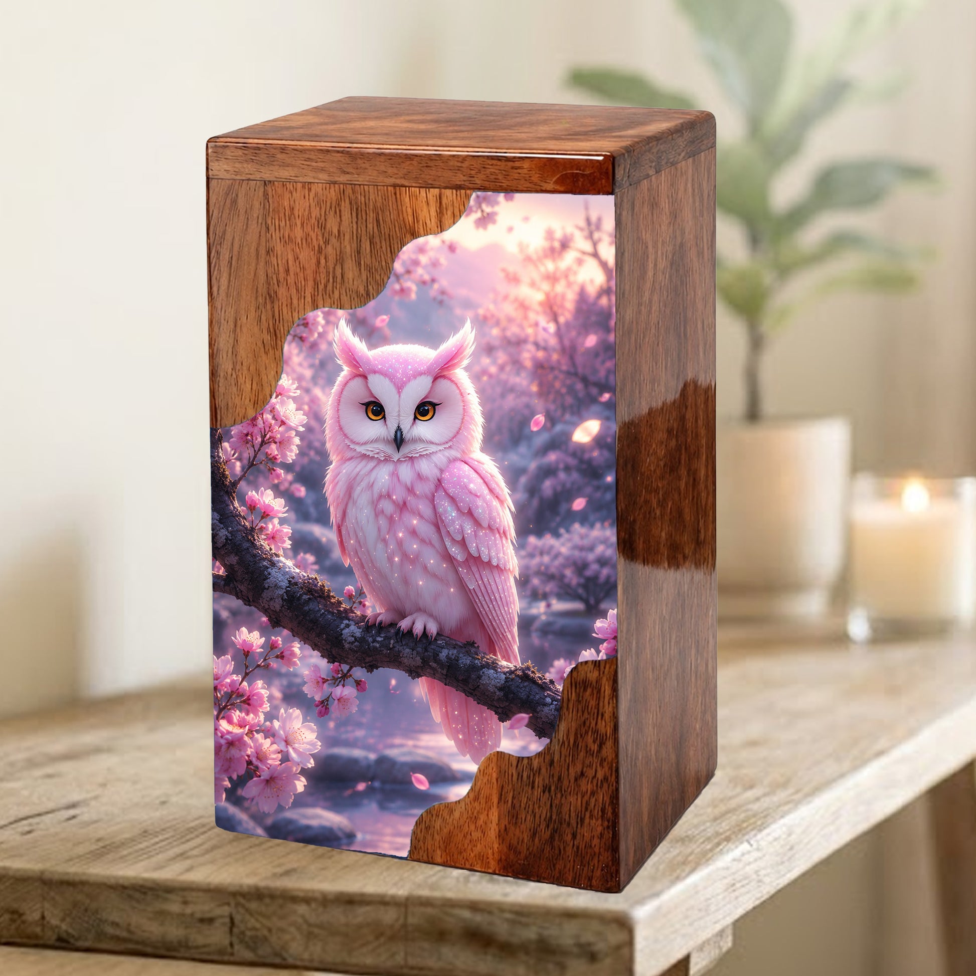 Pink Owl Wooden Cremation Urn – Cherry Blossom Memorial Urn