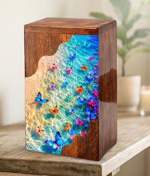 Butterfly Beach Wooden Cremation Urn – Ocean Memorial Urn for Mom