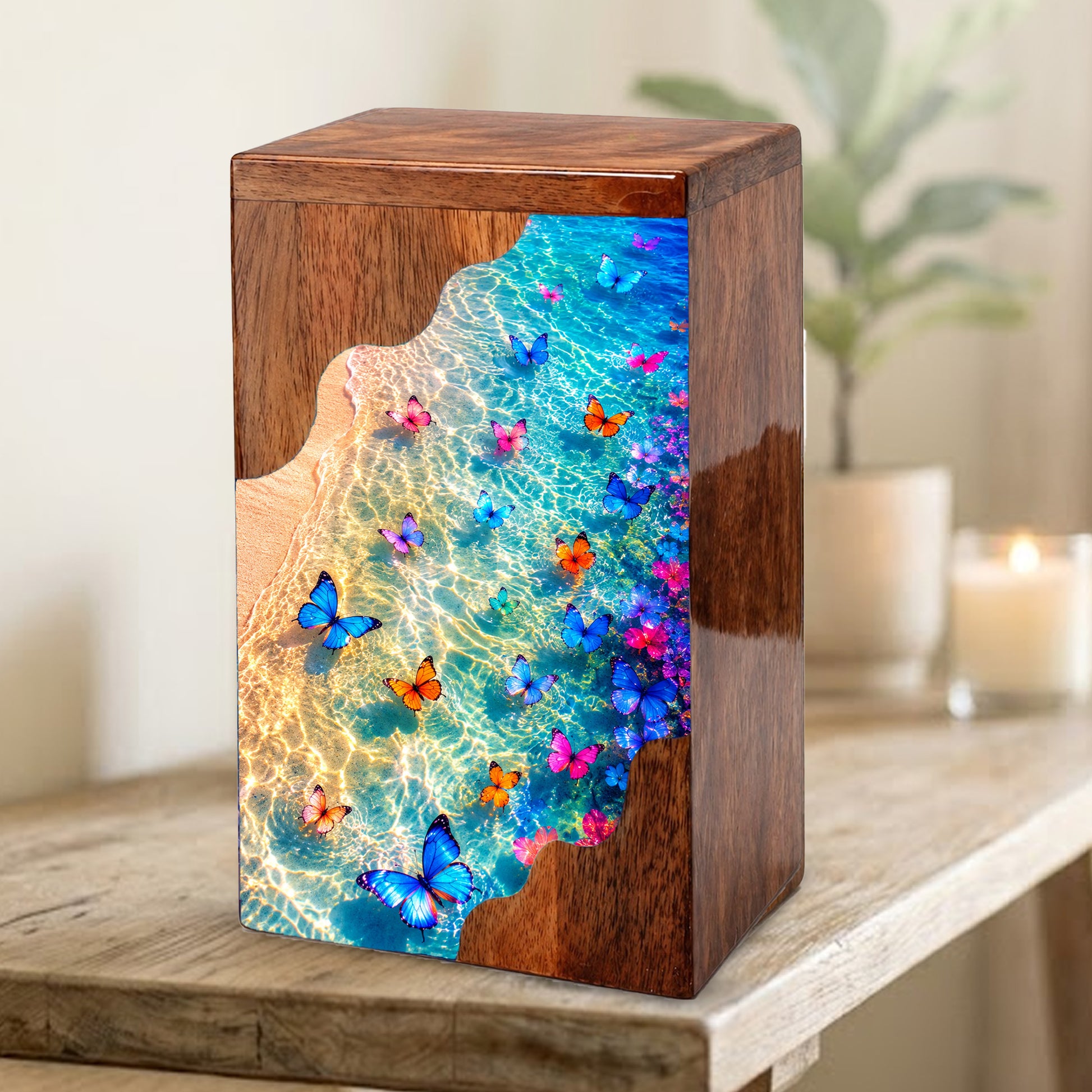 Butterfly Beach Wooden Cremation Urn – Ocean Memorial Urn for Mom