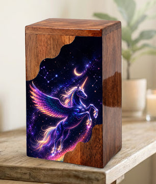 Celestial Pegasus Unicorn Wooden Cremation Urn – Personalized Memorial Urn for Human Ashes