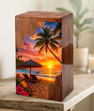 Paradise Wooden Cremation Urn – Beach Theme Wooden Urn for Human Ashes
