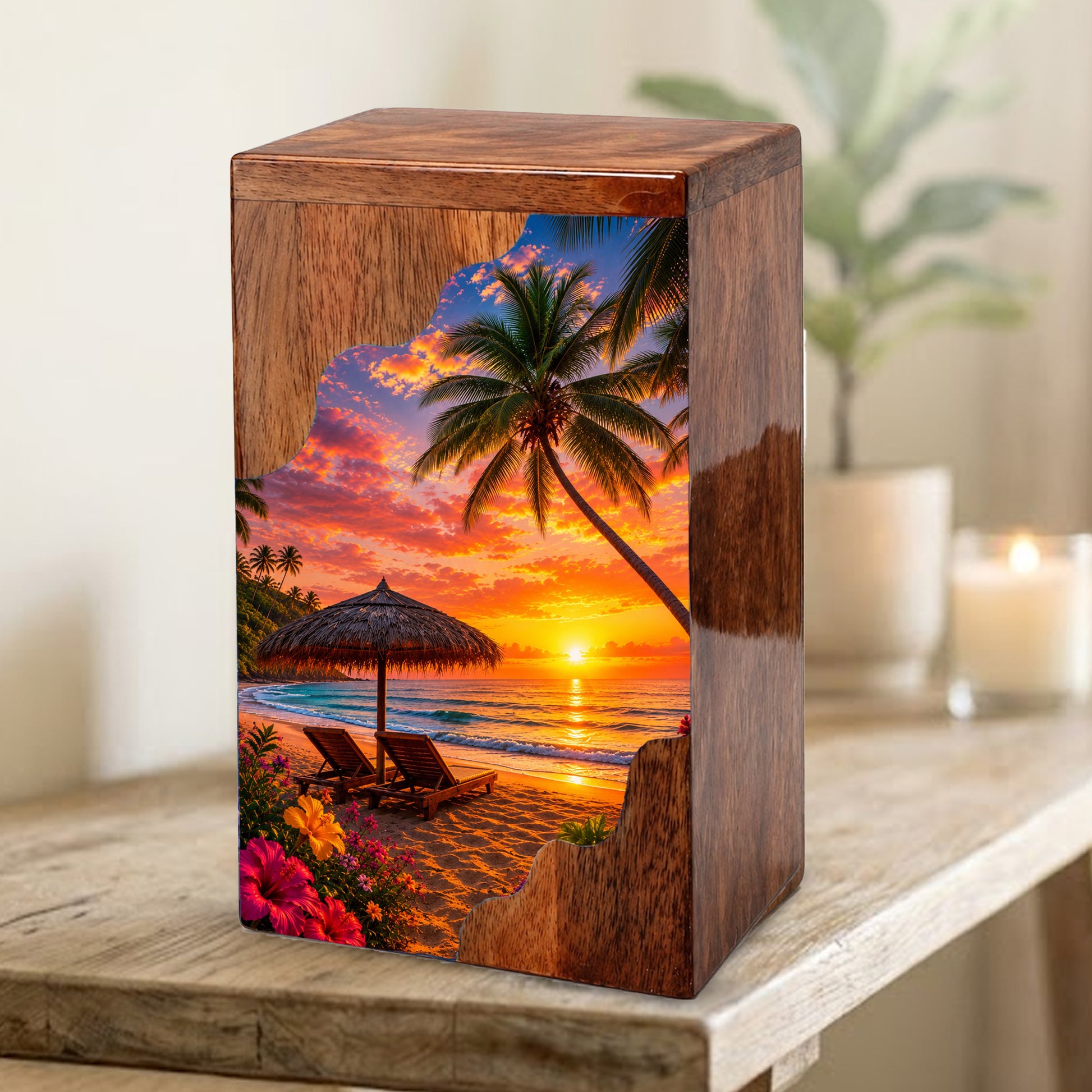 Paradise Wooden Cremation Urn – Beach Theme Wooden Urn for Human Ashes
