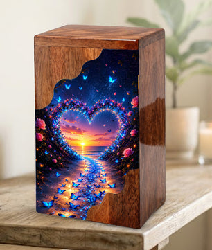 Butterfly Wooden Cremation Urn – Heart Sunset Memorial Urn for Human Ashes