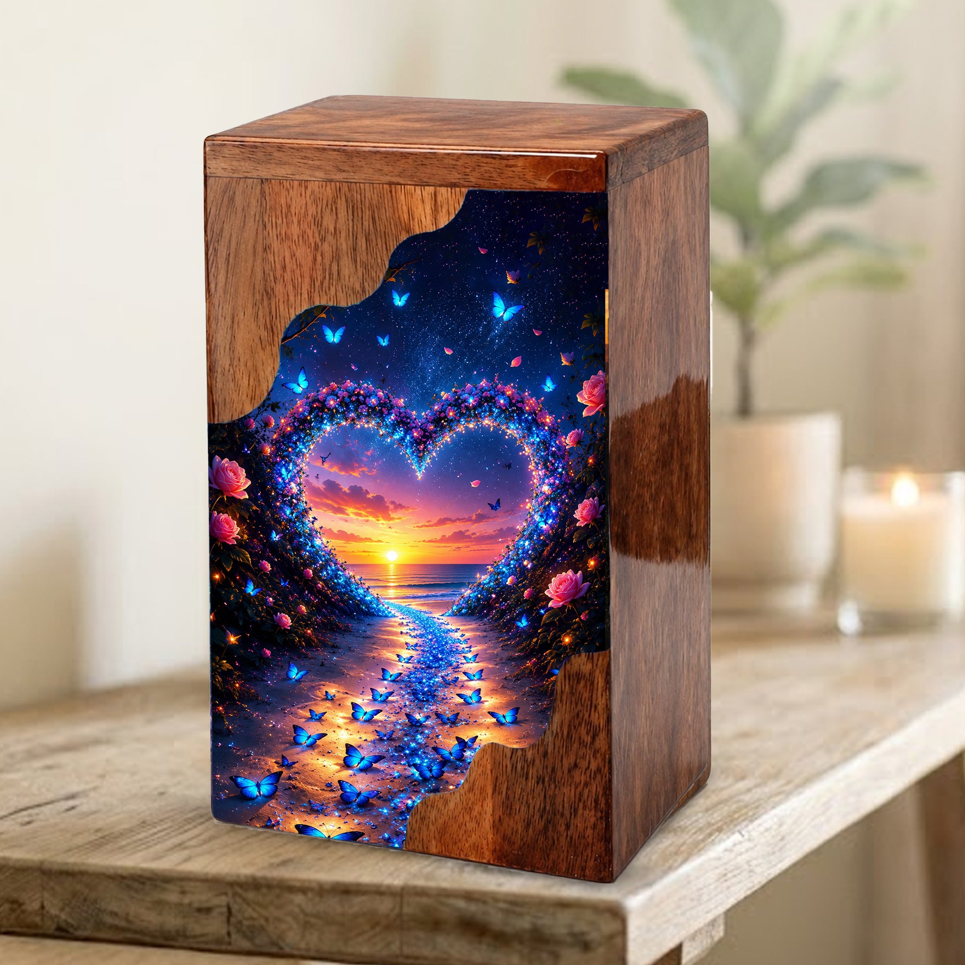 Butterfly Wooden Cremation Urn – Heart Sunset Memorial Urn for Human Ashes