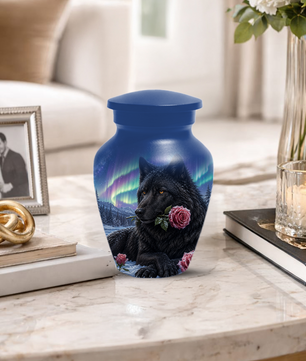 Black  Dog Urn for Ashes -  Personalized Aurora Borealis Pet Memorial