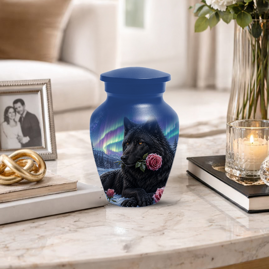 Black  Dog Urn for Ashes -  Personalized Aurora Borealis Pet Memorial