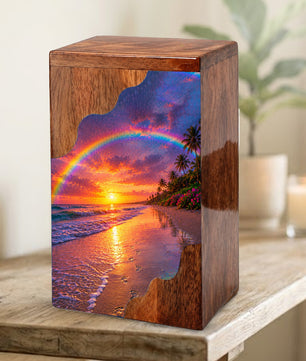 Beach Wooden Cremation Urn for Human Ashes | Rainbow Ocean Sunset Memorial Urn