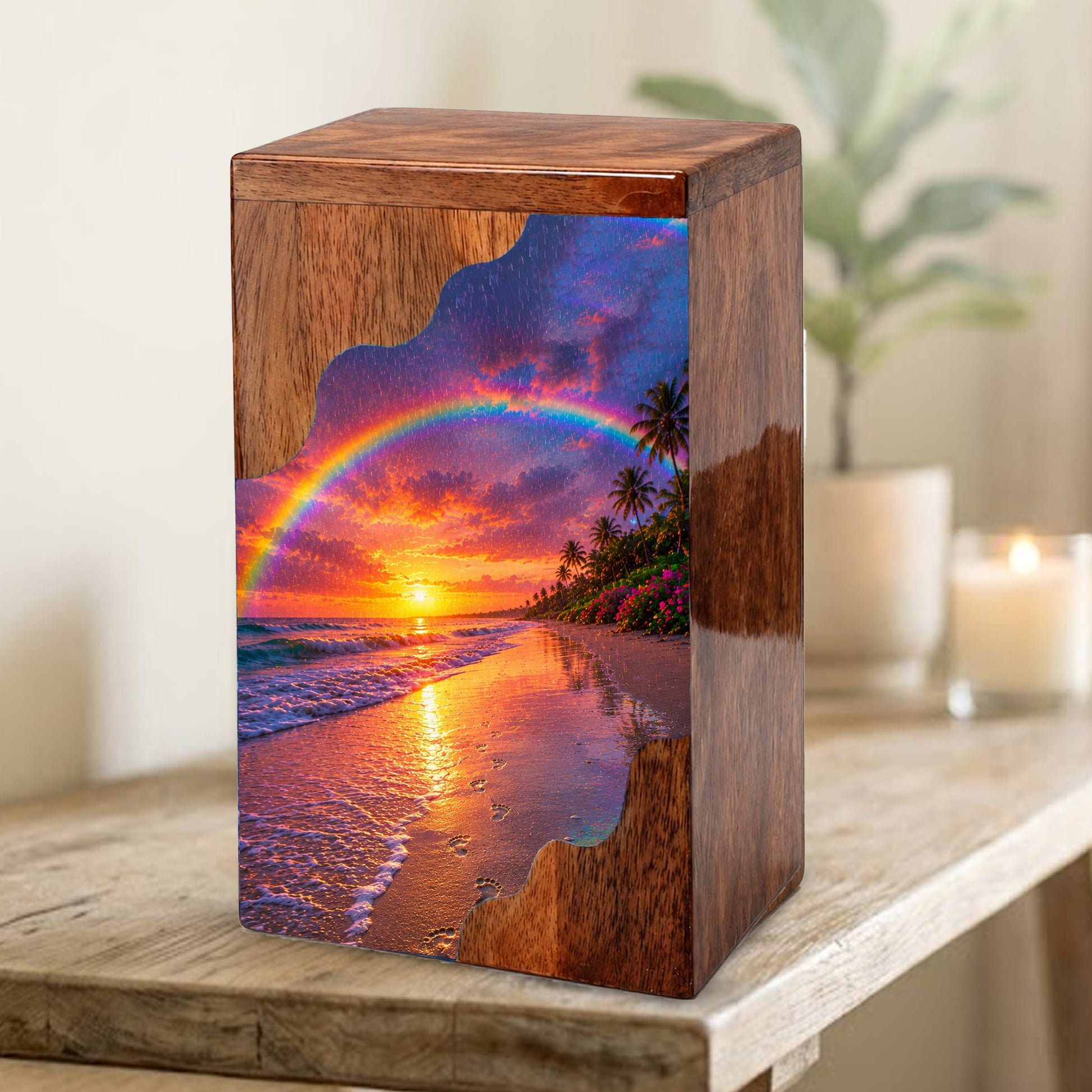 Beach Wooden Cremation Urn for Human Ashes | Rainbow Ocean Sunset Memorial Urn