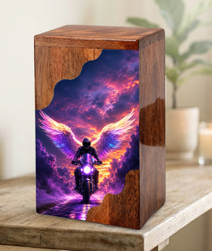Motorcycle Angel Wings Wooden Cremation Urn – Ride Free Memorial Urn for Human Ashes