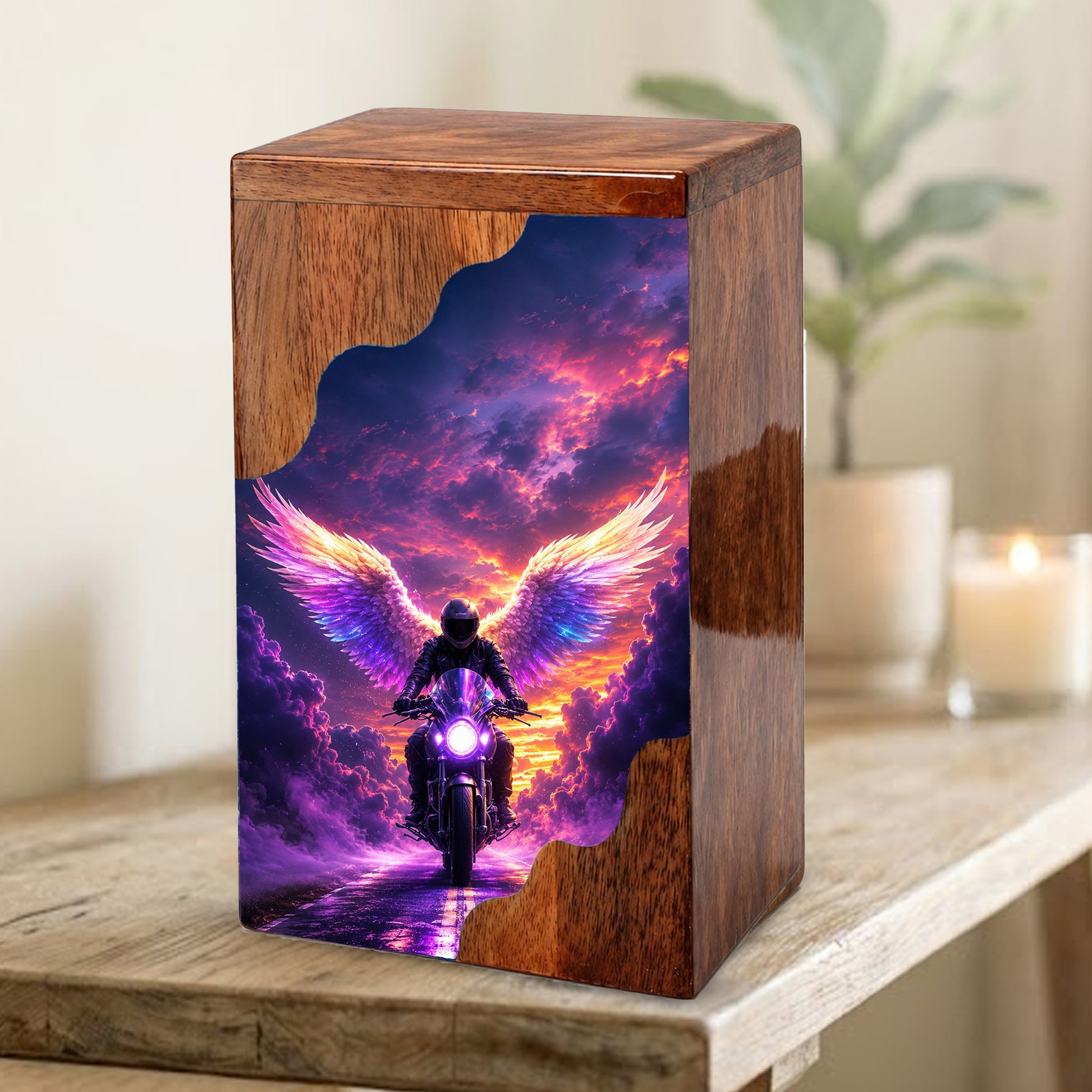 Motorcycle Angel Wings Wooden Cremation Urn – Ride Free Memorial Urn for Human Ashes