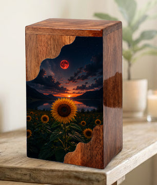 Sunflower Wooden Cremation Urn for Mom | Personalized Wooden Urn for Human Ashes | Red Moon Memorial Urn