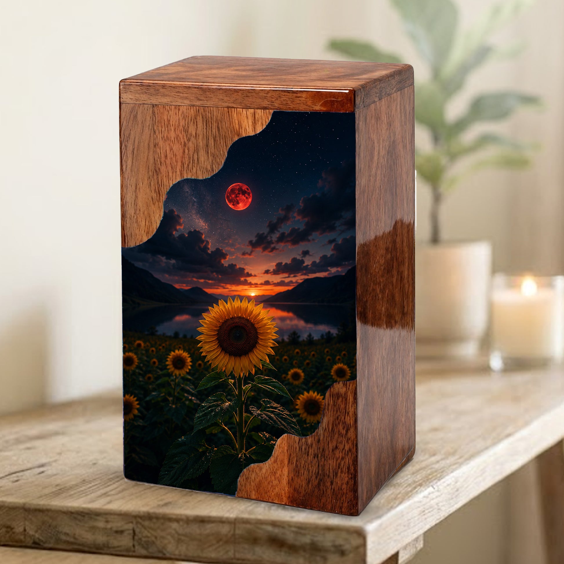Sunflower Wooden Cremation Urn for Mom | Personalized Wooden Urn for Human Ashes | Red Moon Memorial Urn