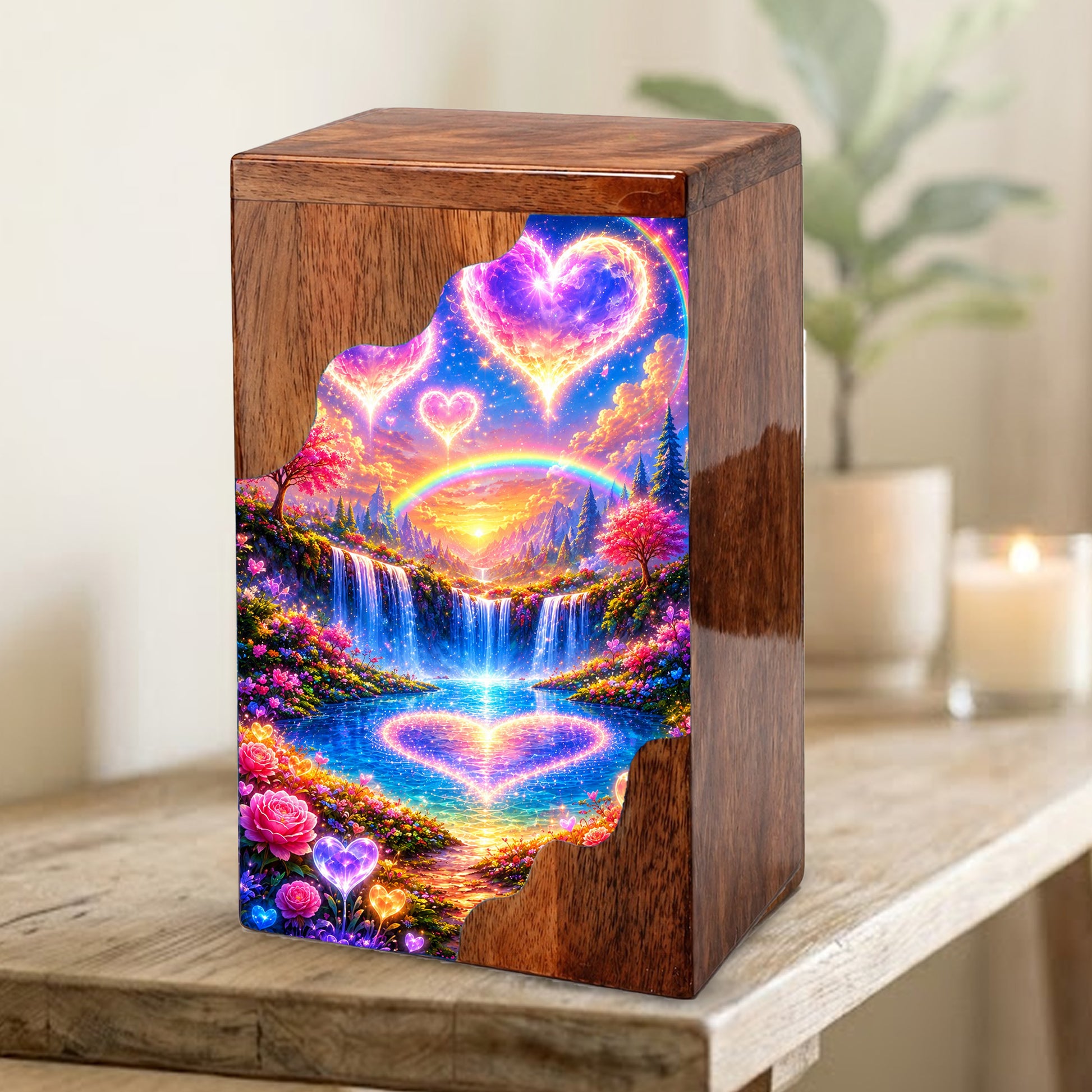 Heart Heaven Wooden Cremation Urn – Rainbow Waterfall Memorial Urn