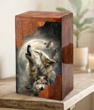 Wolf Cremation Urn for Dad | Wooden Urn for Human Ashes