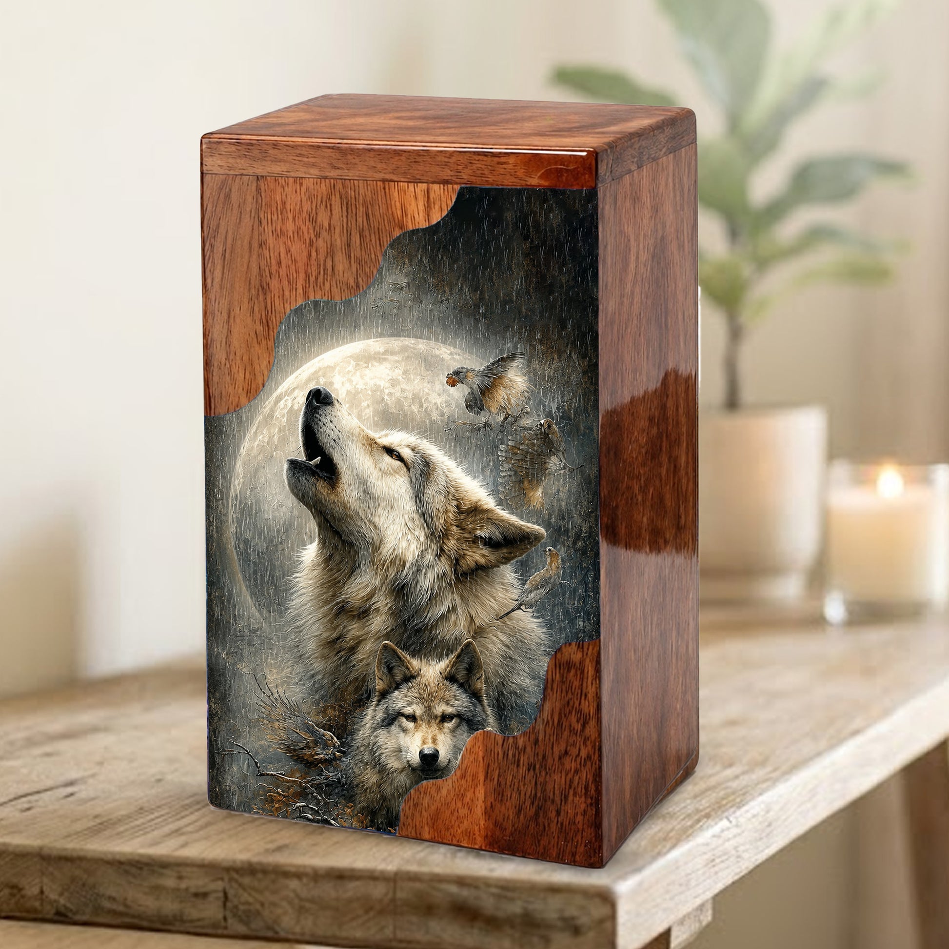 Wolf Cremation Urn for Dad | Wooden Urn for Human Ashes