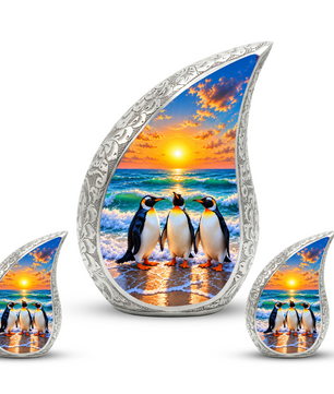 Penguin Cremation Urn for Ashes, Beach Sunset Memorial Urn, Adult Aluminum Cremation Urn