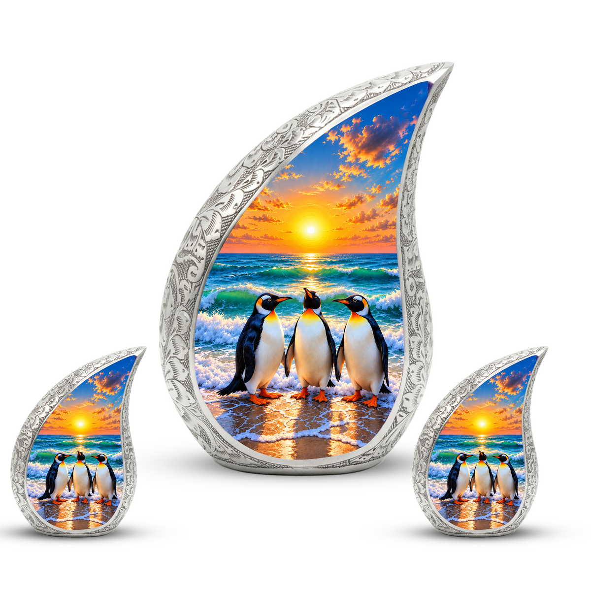 Penguin Cremation Urn for Ashes, Beach Sunset Memorial Urn, Adult Aluminum Cremation Urn