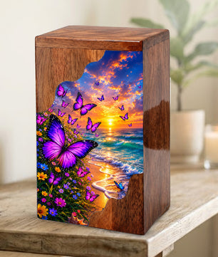 Purple Butterfly Beach Wooden Cremation Urn – Wooden Urn for Human Ashes