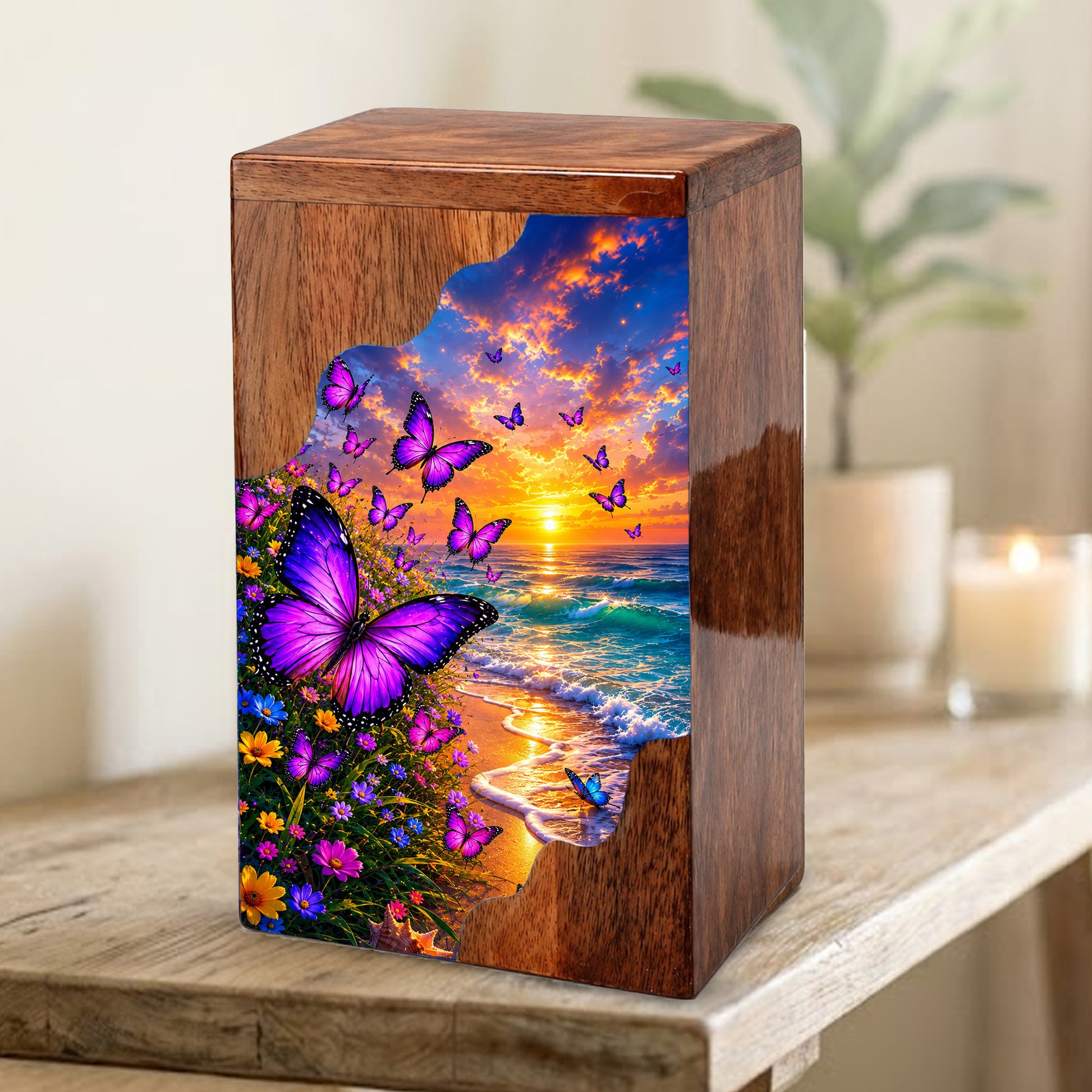 Purple Butterfly Beach Wooden Cremation Urn – Wooden Urn for Human Ashes