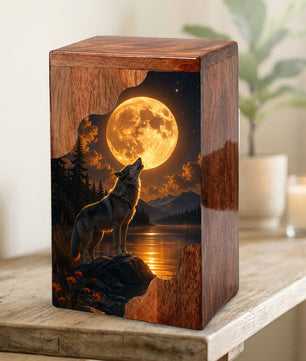 Wolf Moon Wooden Cremation Urn – Personalized Memorial Urn for Human Ashes