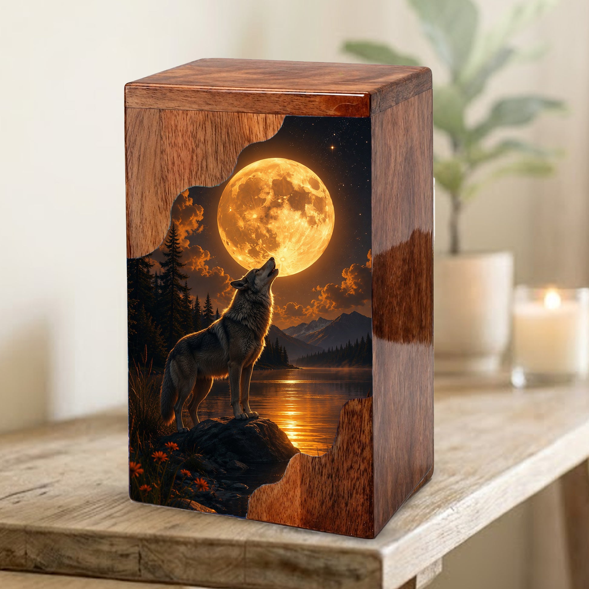 Wolf Moon Wooden Cremation Urn – Personalized Memorial Urn for Human Ashes