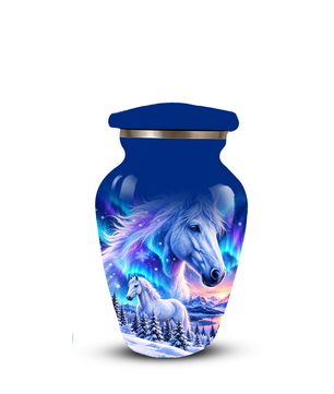 White Horse Cremation Urn for Adult Ashes, Blue Memorial Urn with Snowy Mountain and Northern Lights Artwork