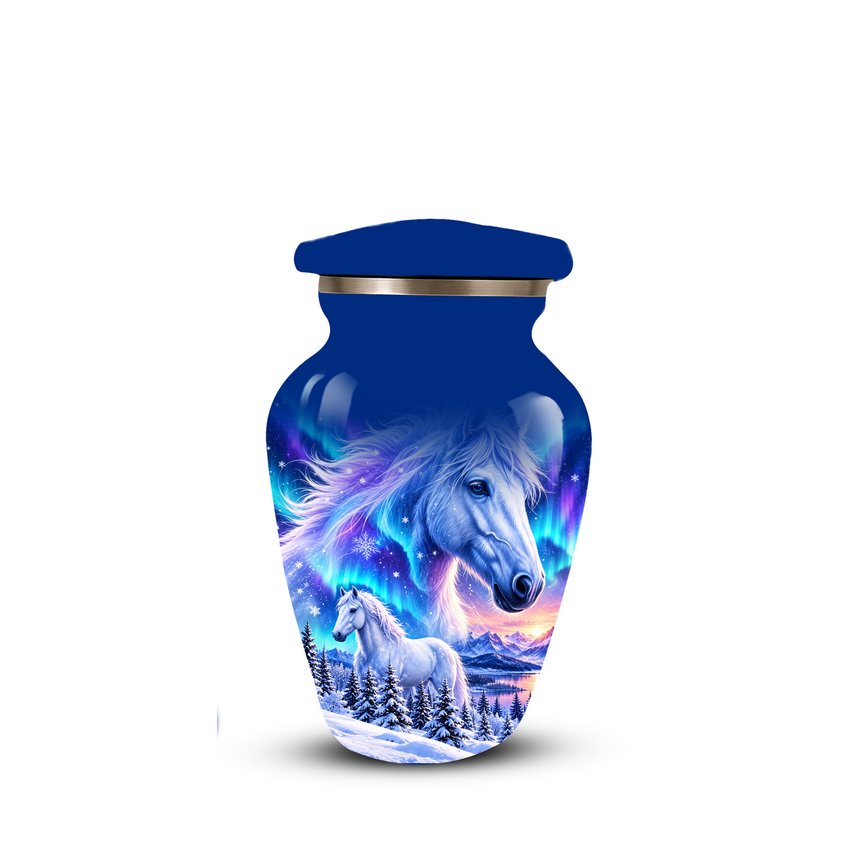 White Horse Cremation Urn for Adult Ashes, Blue Memorial Urn with Snowy Mountain and Northern Lights Artwork