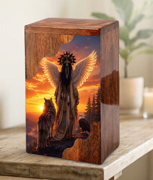 Spirit Guardian Wooden Cremation Urn – Angel Wings Memorial Urn for Human Ashes