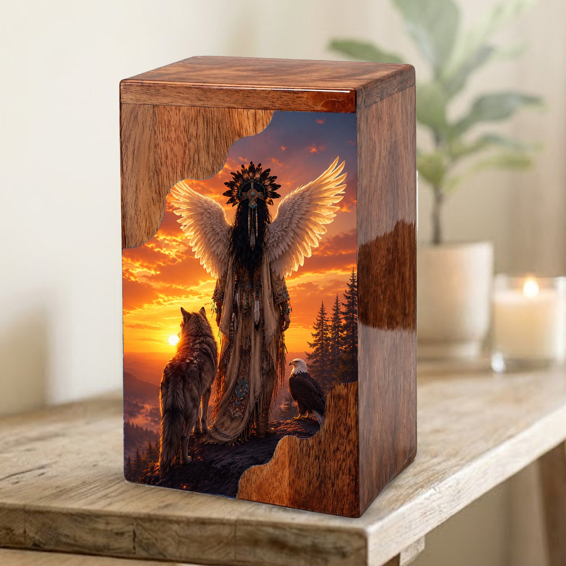 Spirit Guardian Wooden Cremation Urn – Angel Wings Memorial Urn for Human Ashes