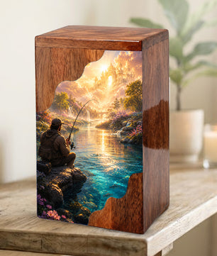 Heavenly Fishing Wooden Cremation Urn – Personalized Memorial Urn for Human Ashes