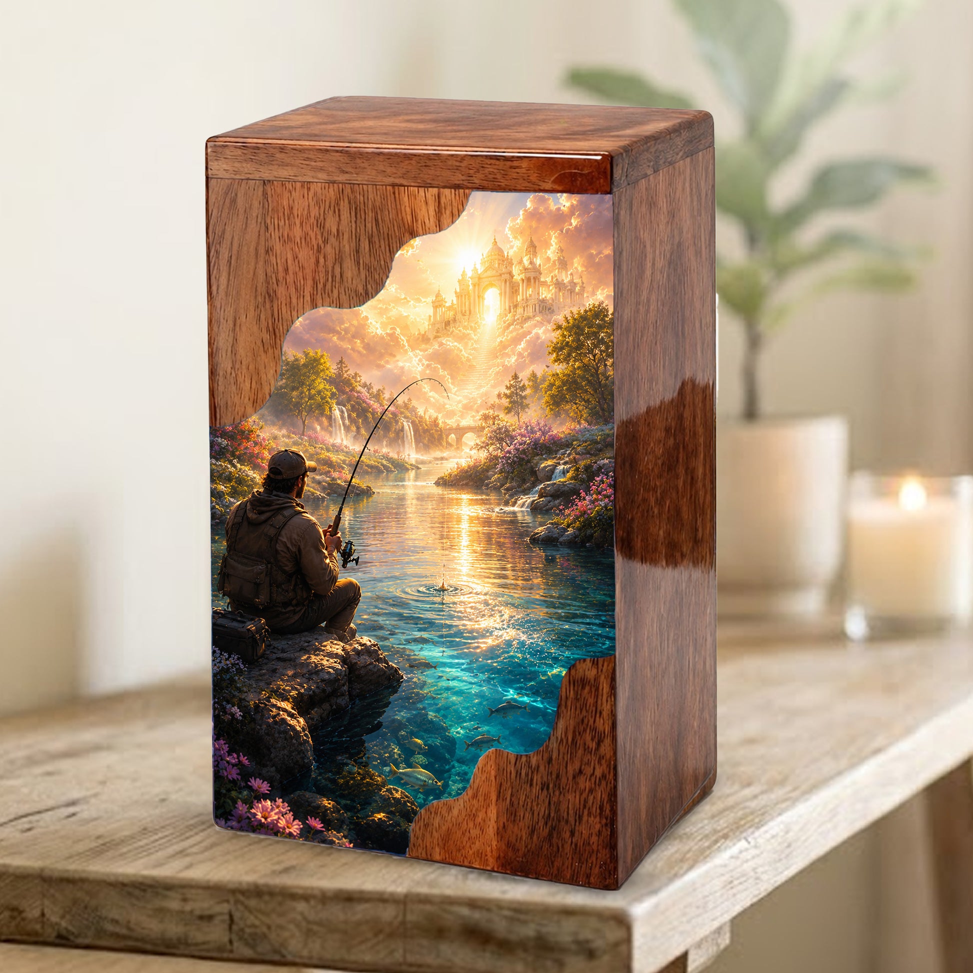 Heavenly Fishing Wooden Cremation Urn – Personalized Memorial Urn for Human Ashes