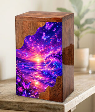 Butterfly Ocean Wooden Cremation Urn – Beach Theme Wooden Urn for Human Ashes