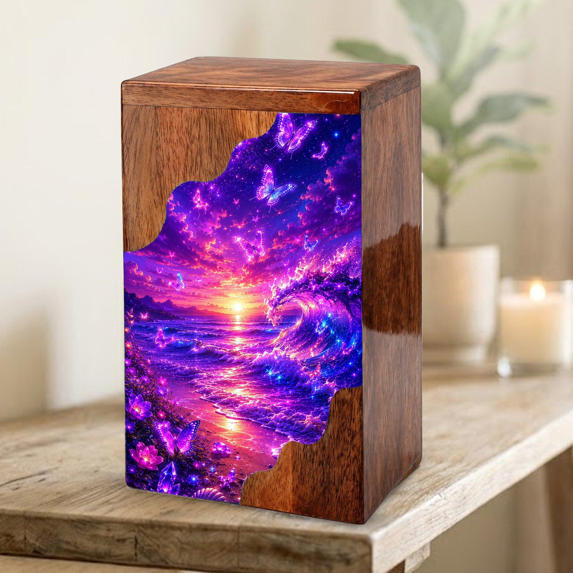 Butterfly Ocean Wooden Cremation Urn – Beach Theme Wooden Urn for Human Ashes