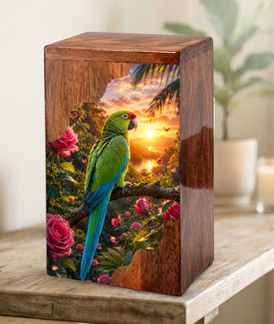 Tropical Parrot Wooden Cremation Urn – Personalized Memorial Urn for Human Ashes