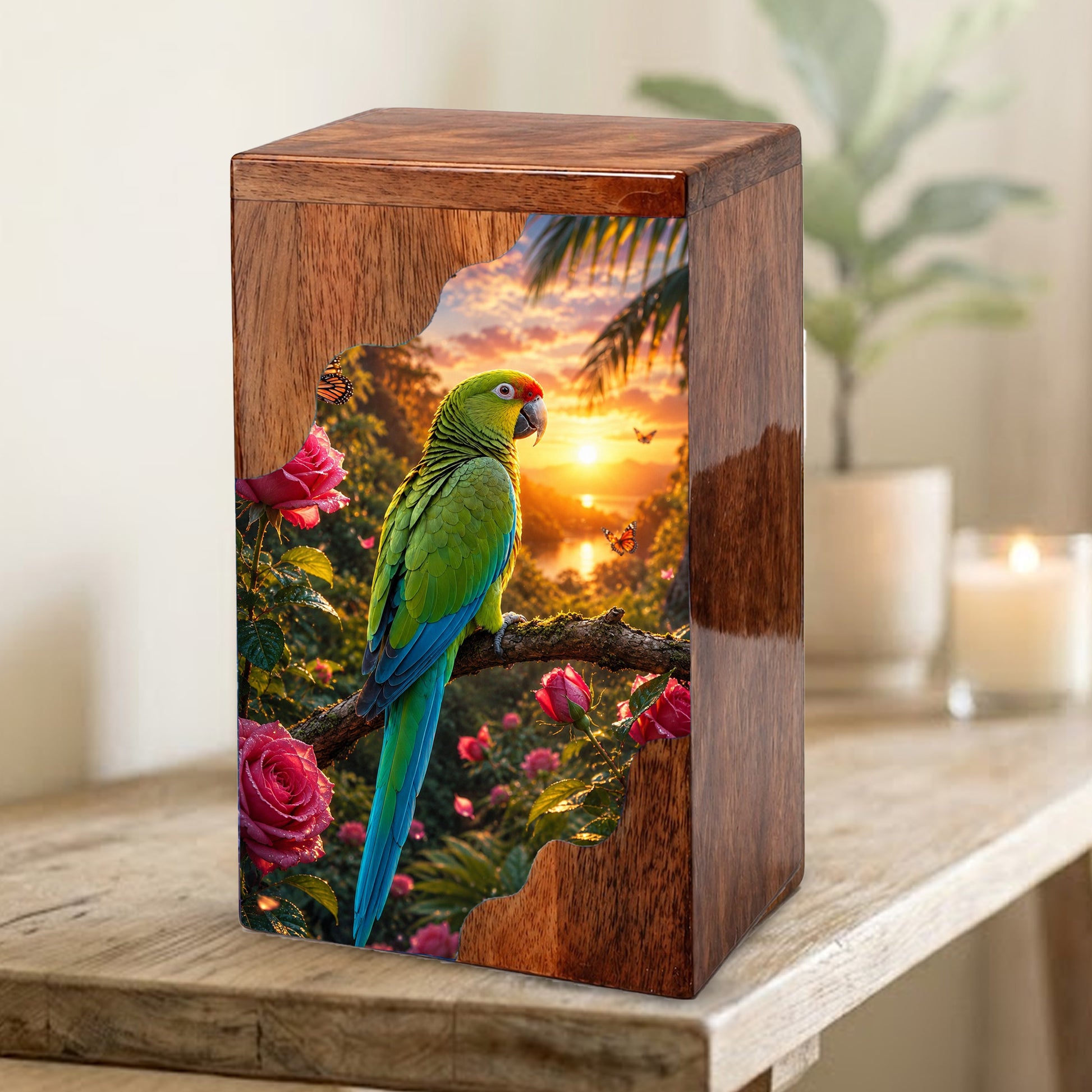 Tropical Parrot Wooden Cremation Urn – Personalized Memorial Urn for Human Ashes