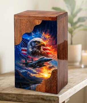 Military Eagle Wooden Cremation Urn for Human Ashes | Personalized Veteran Memorial Urn