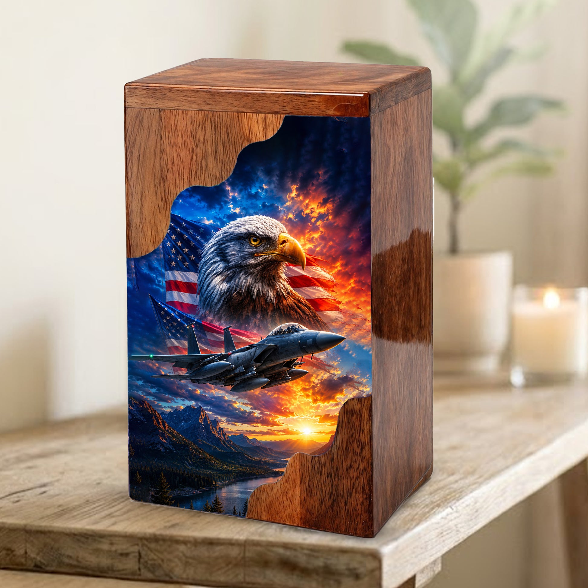 Military Eagle Wooden Cremation Urn for Human Ashes | Personalized Veteran Memorial Urn