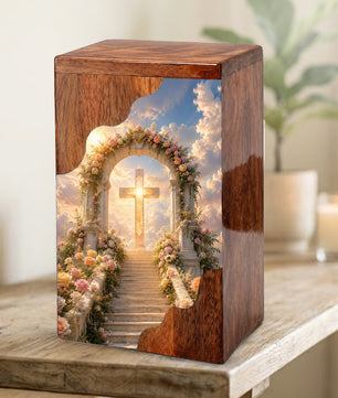 Cross Wooden Cremation Urn – Christian Memorial Urn for Human Ashes