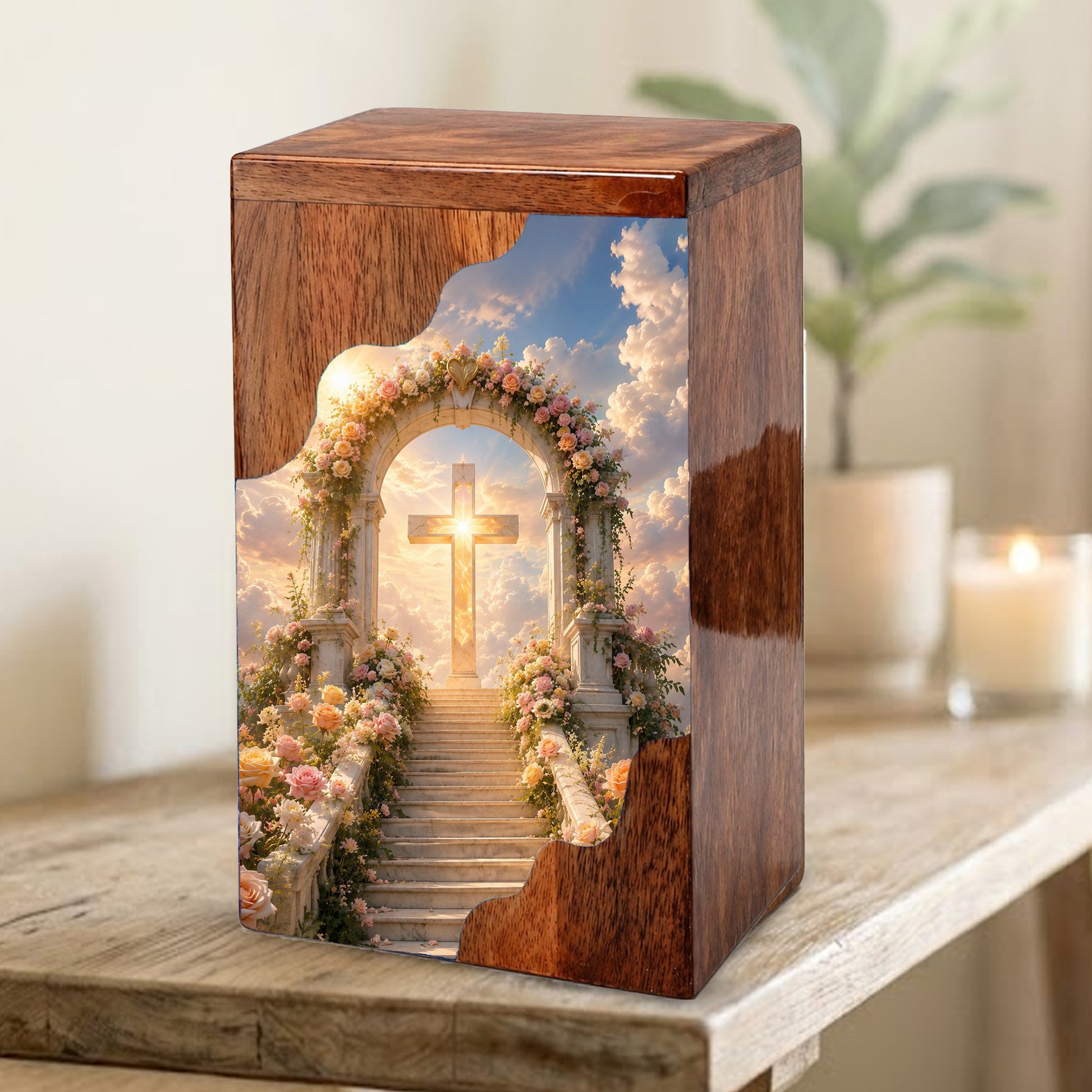 Cross Wooden Cremation Urn – Christian Memorial Urn for Human Ashes