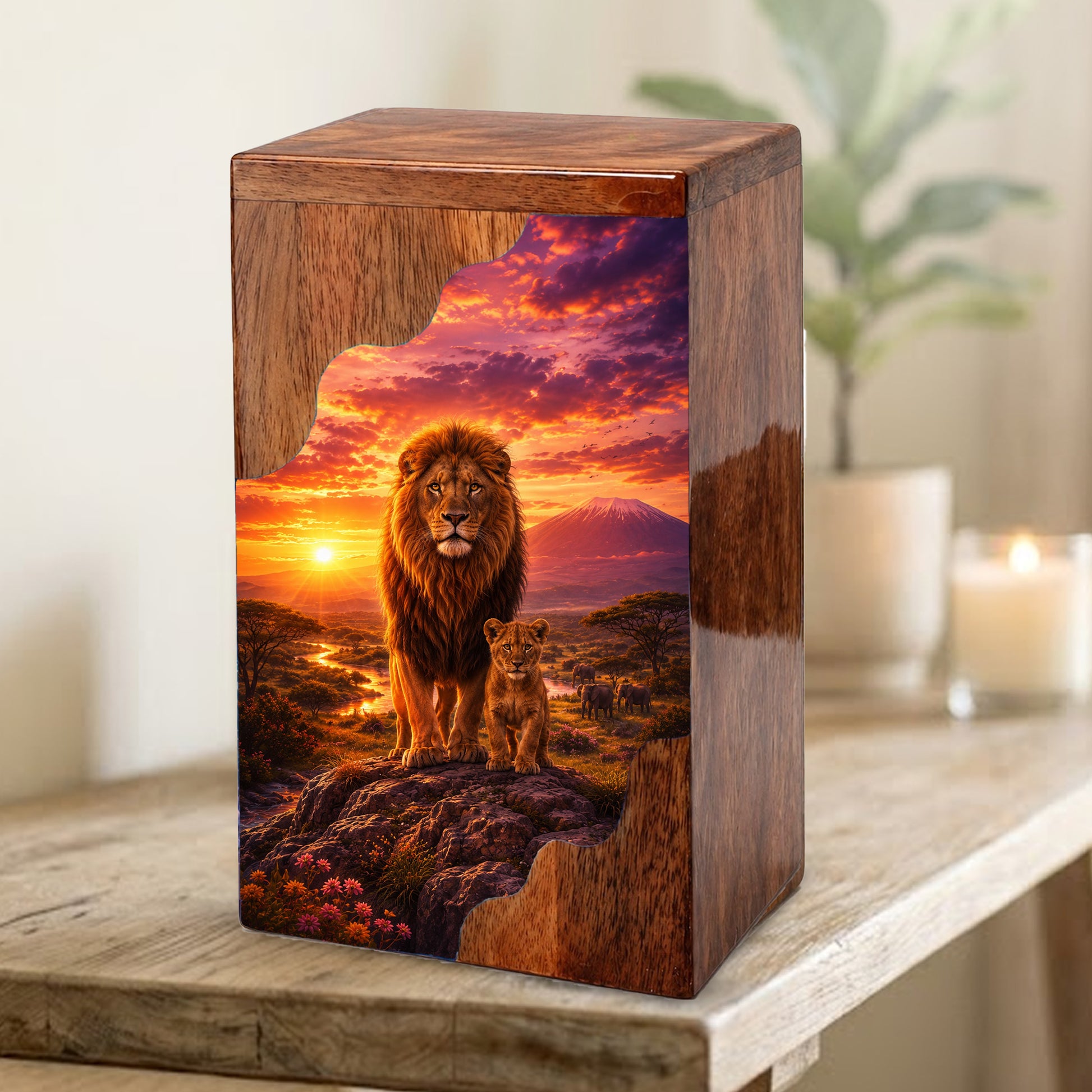 Lion Wooden Cremation Urn – Father Memorial Urn for Ashes | Strength & Legacy Wooden Urn