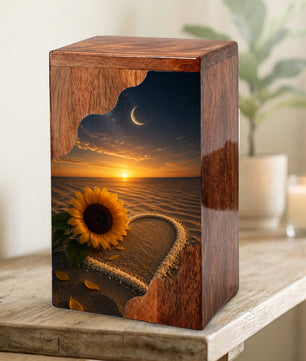 Sunflower Beach Wooden Cremation Urn for Mom | Personalized Memorial Urn for Human Ashes