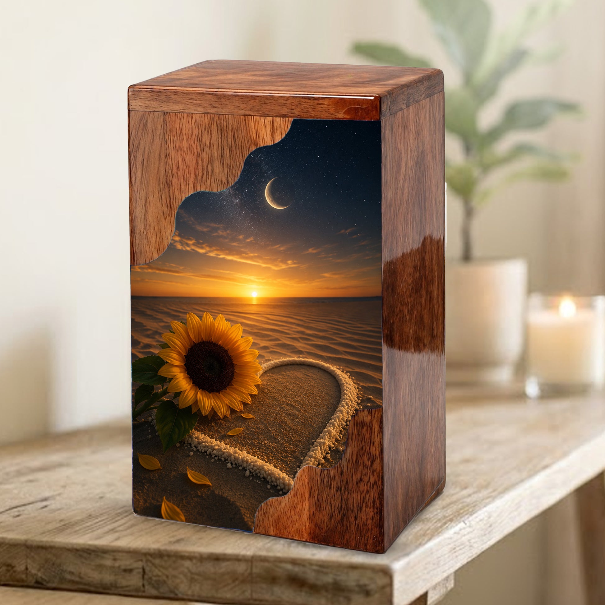 Sunflower Beach Wooden Cremation Urn for Mom | Personalized Memorial Urn for Human Ashes