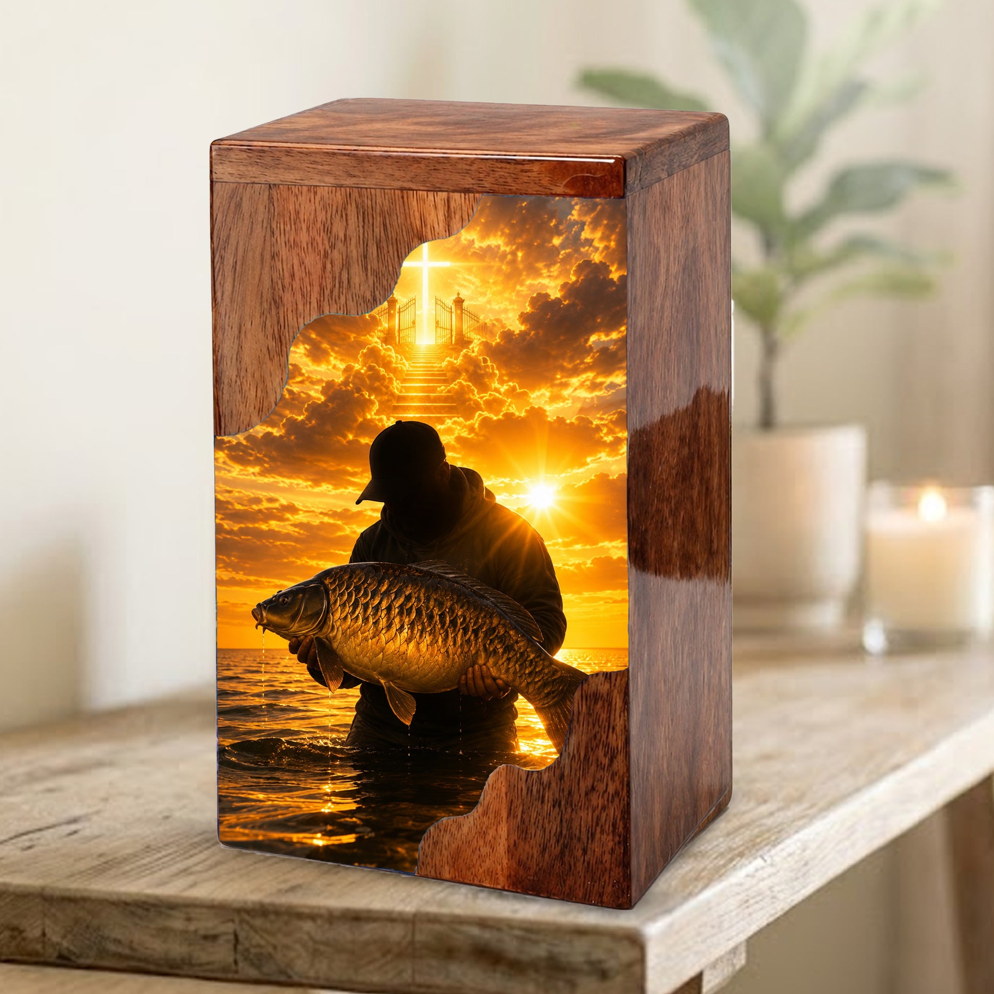 Fisherman Heaven Wooden Cremation Urn – Sunset Fishing Memorial Urn