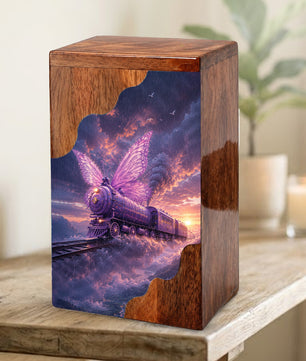 Butterfly Train Wooden Cremation Urn for Human Ashes