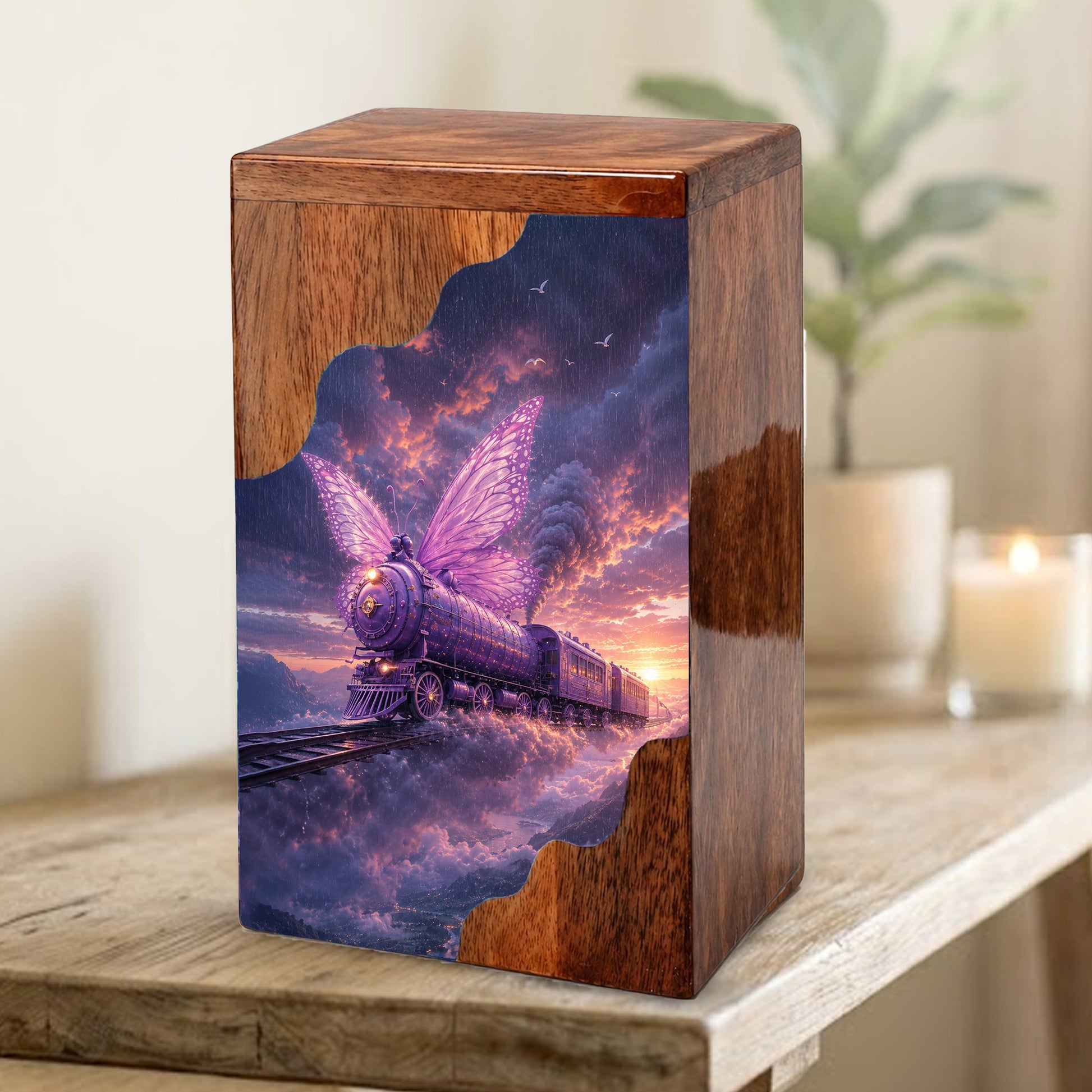 Butterfly Train Wooden Cremation Urn for Human Ashes