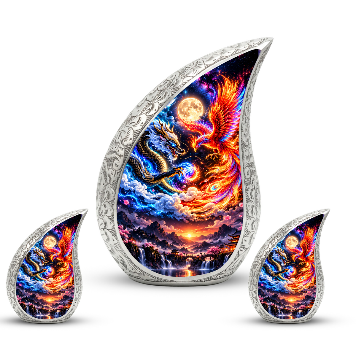 Dragon and Phoenix Cremation Urn for Ashes, Mythical Bird Adult Memorial Urn