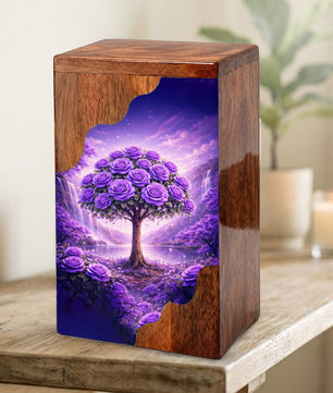 Purple Rose Tree Wooden Cremation Urn – Floral Memorial Urn with Tree of Life