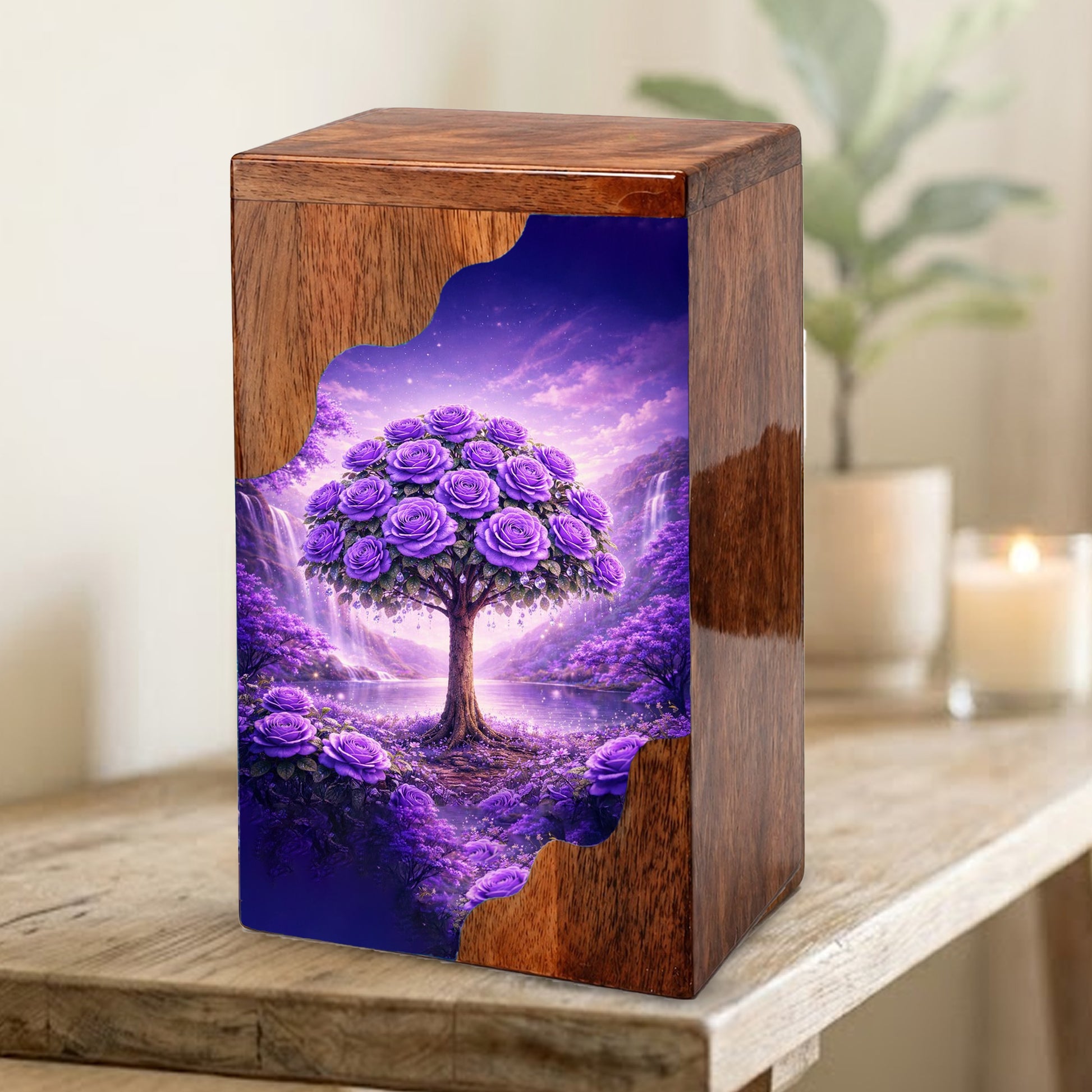 Purple Rose Tree Wooden Cremation Urn – Floral Memorial Urn with Tree of Life