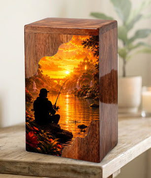 Eternal Waters Fishing Wooden Cremation Urn – Personalized Memorial Urn for Human Ashes